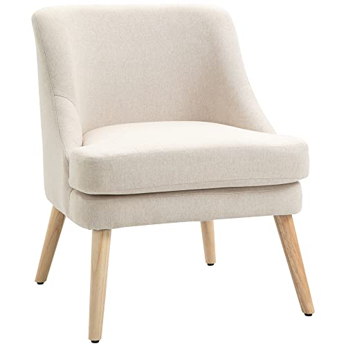 HOMCOM Fauteuil Lounge Design scandinave Pieds effilés Bois Massif hévéa revêtement Tissu Polyester Aspect Lin Beige