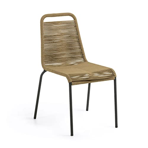 Kave Home - Chaise de Salle à Manger Lambton Marron Clair en Corde en Polyester et Pieds en Acier Noir pour Usage intérieur et extérieur Kave Home - Chaise de Salle à Manger Lambton Marron Clair en Corde en Polyester et Pieds en Acier Noir pour Usage intérieur et extérieur
