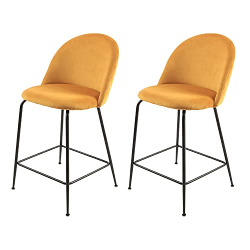 Meubletmoi Lot de 2 chaises/tabourets de Bar en Velours Jaune avec piètement en métal Noir et Repose-Pieds - Moderne Chic - FARA