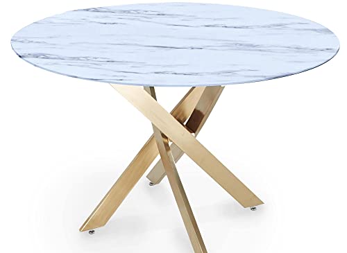 Deco In Paris Table à Manger Ronde Design Verre marbré et Pieds dorés 4 Personnes Melissa, Blanc, 120x120x75x120