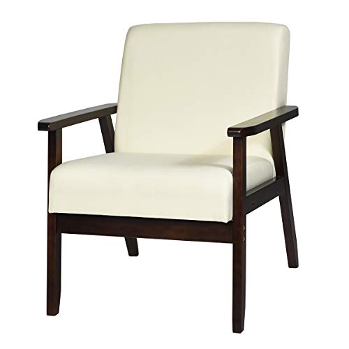 COSTWAY Fauteuil Salon Chaise Rétro, Chaise d COSTWAY Fauteuil Salon Chaise Rétro, Chaise d'Appoint en Bois Rembourrée en Tissu, avec Pieds en Bois d’Hévéa, pour Salon, Bureau, Balcon, Beige/Gris/Foncé/Bleu (Beige)