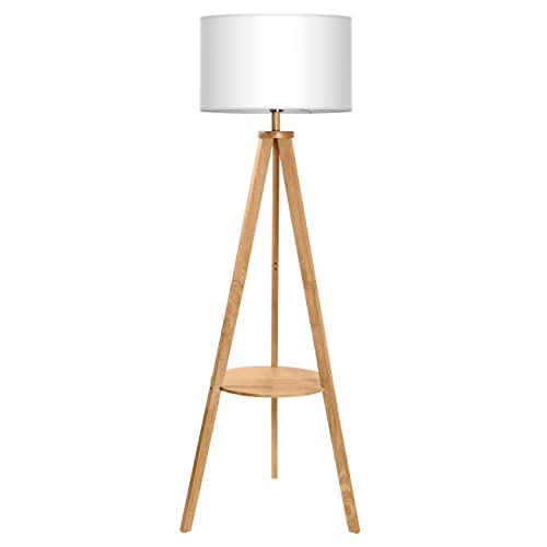 Tomons Lampadaire Trépied en Bois, Lampe sur Pied avec Tablette et Ampoule E27 8W, Abat-Jour en Tissu Blanc, Style Scandinave, Moderne Nordique pour Salon, Chambre, Bureau