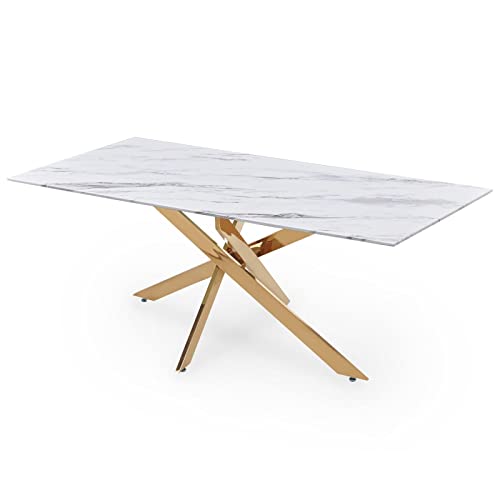 Mobilier-Deco Telma - Table à Manger rectangulaire Design Verre marbré et Pieds dorés Mobilier-Deco Telma - Table à Manger rectangulaire Design Verre marbré et Pieds dorés