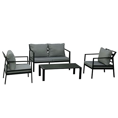 Outsunny Ensemble Salon de Jardin 4 pièces canapé 2 Places + 2 fauteuils + Table Basse Plateau à Lattes 8 Coussins Rembourrage épais déhoussables Aluminium Gris Noir Outsunny Ensemble Salon de Jardin 4 pièces canapé 2 Places + 2 fauteuils + Table Basse Plateau à Lattes 8 Coussins Rembourrage épais déhoussables Aluminium Gris Noir