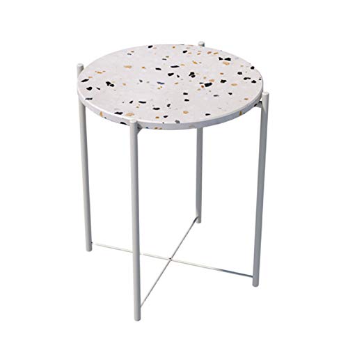 HAOXIANG Table D HAOXIANG Table D'appoint De Café À La Maison, Dessus D'effet De Terrazzo Et Jambes en Métal De Finition Blanche, Table De Thé De Support Occasionnel Rond pour,45x55cm