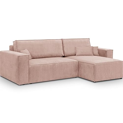 HOMIFAB Canapé d'angle Convertible réversible 4 Places avec Coffre de Rangement en Velours Fines côtes Rose pâle - Livia New