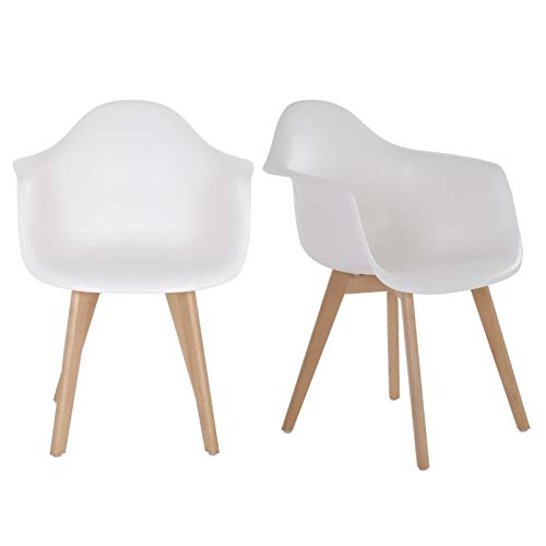 Colourliving Lot de 2 chaises de Cuisine en Plastique Style rétro avec accoudoirs et Pieds en Bois Massif Blanc