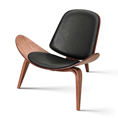 Rimdoc Chaise de salon moderne à coquille du milieu du siècle, fauteuil de salon en simili cuir, meubles scandinaves en bois, chaise de détente pour chambre à coucher