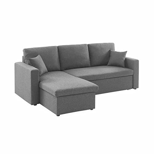 Alice Alice's Home - Canapé d'angle Convertible en Tissu Gris chiné foncé - IDA - 3 Places. Fauteuil d'angle réversible Coffre Rangement lit modulable. 2 Coussins Inclus.