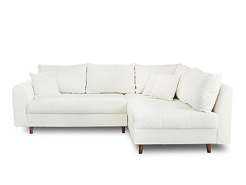 Lisa Design - Rune - canapé d Lisa Design - Rune - canapé d'angle Droit - 4 Places - avec Pouf d'appoint - en Tissu Bouclette - Blanc