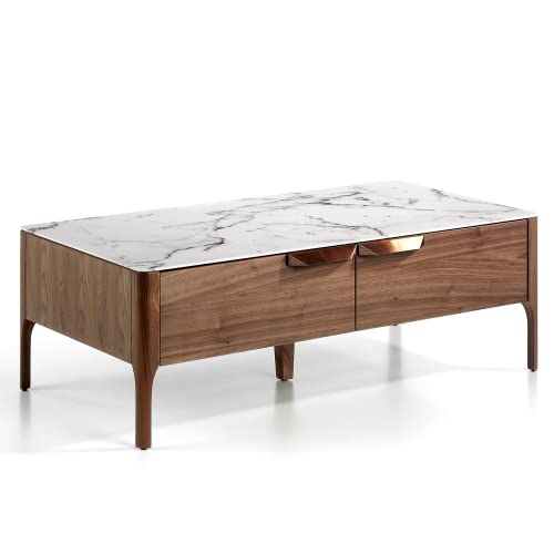 Angel CERDA Table Basse rectangulaire avec Plateau en Fibre de Verre Effet marbre. Structure en Noyer. Tiroirs avec poignées en Acier de Couleur cuivre et Fermeture retardée.