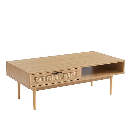 BAÏTA Table Basse Amana Effet chêne et cannage en rotin 2 tiroirs BAÏTA Table Basse Amana Effet chêne et cannage en rotin 2 tiroirs