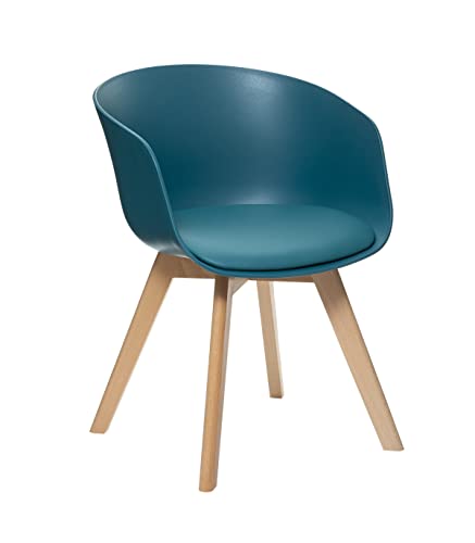 Atmosphera - Chaise Fauteuil de Table Assise Bleu Canard et Pieds en Bois H 75 cm