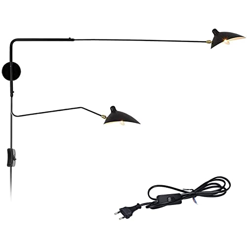 Applique Murale Industrielle Vintage 2 Flammes Lampe Murale Réglable et Extensible Bras Long Pivotant Lampe de Chevet Douille E27 Abat-jour en Métal Noir Éclairage Mural Réglable à 360°, 150 x 95 cmApplique Murale Industrielle Vintage 2 Flammes Lampe Murale Réglable et Extensible Bras Long Pivotant Lampe de Chevet Douille E27 Abat-jour en Métal Noir Éclairage Mural Réglable à 360°, 150 x 95 cm