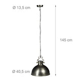 Relaxdays 10019222 Luminaire lampe à suspension style industriel HxlxP 145 x 40,5 x 40,5 cm abat-jour forme de cloche et chaîne en métal douille E27 40W plafonnier, gris argenté