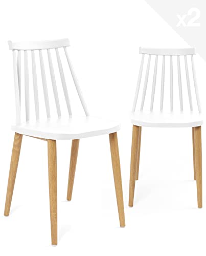 KAYELLES Lot de 2 - Chaise de Cuisine bistrot à barreaux BAO (Blanc Pied métal façon Bois) KAYELLES Lot de 2 - Chaise de Cuisine bistrot à barreaux BAO (Blanc Pied métal façon Bois)