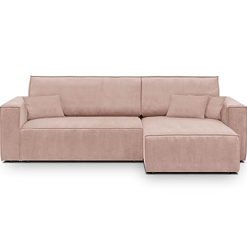 HOMIFAB Canapé d'angle Convertible réversible 4 Places avec Coffre de Rangement en Velours Fines côtes Rose pâle - Livia New