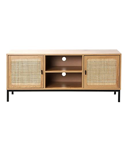 Casâme - Meuble TV 2 Portes Cannage en Rotin avec 2 Niches - Piètement en Métal Noir - Style Moderne et Naturel - pour Salon, Chambre - L120 x P39 x H51cm Casâme - Meuble TV 2 Portes Cannage en Rotin avec 2 Niches - Piètement en Métal Noir - Style Moderne et Naturel - pour Salon, Chambre - L120 x P39 x H51cm