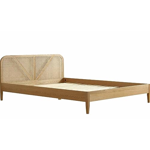 HOMIFAB Lit Adulte 180x200 cm en placage chêne avec tête de lit en Bois Massif et cannage Naturel - Leonie