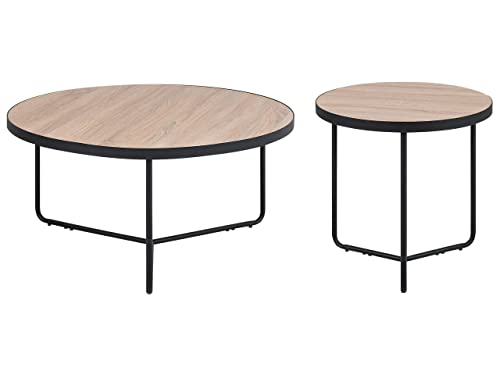 2 x Tables Basses d'Appoint Rondes Effet Bois en MDF et Structure en Métal Noir Tailles M et L pour Salon Moderne, Minimaliste ou Scandinave Beliani