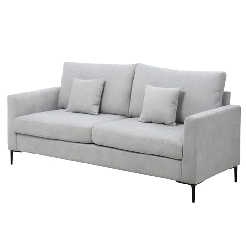 HOMCOM Canapé 3 Places Grand Confort - Rembourrage épais en Mousse Haute densité 25D - 2 Coussins - Piètement en métal Noir Tissu Aspect Lin Gris Clair