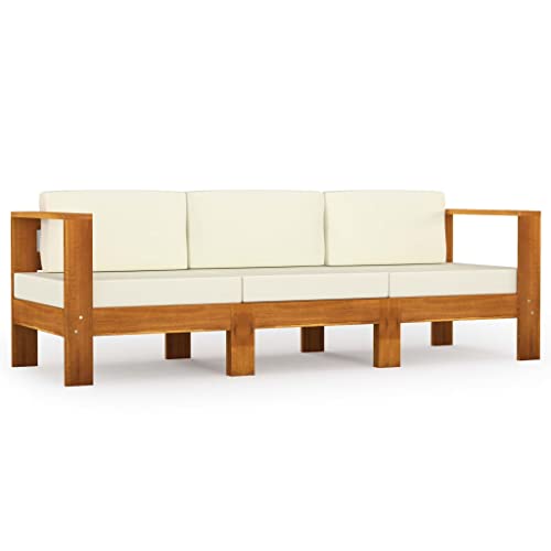 vidaXL Canapé de Jardin 3 Places et Coussins Sofa de Terrasse Canapé d'Extérieur Sofa de Jardin Meuble de Terrasse Blanc Crème Bois d'Acacia
