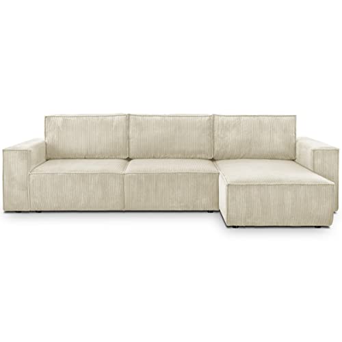 HOMIFAB Canapé d'angle Convertible réversible 5 Places avec Coffre de Rangement en Velours côtelé Beige - Collection Harper