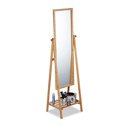 Relaxdays Miroir sur pied en bambou avec plateau de rangement Naturel 160 x 40 x 36 cm