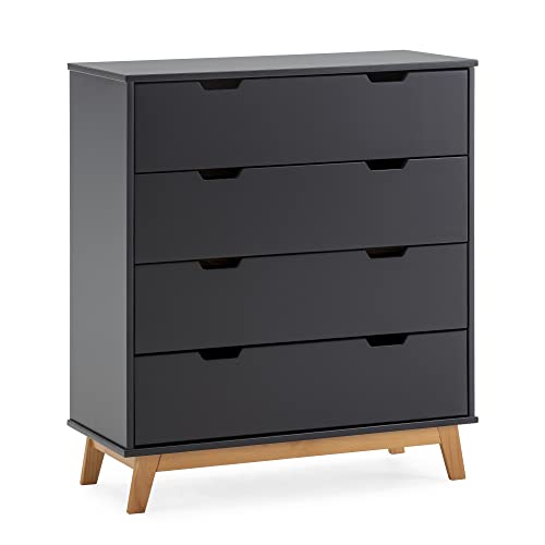 VS Venta-stock Commode Miranda avec 4 tiroirs en Couleur Gris Anthracite, Pieds et façades en Bois Naturel VS Venta-stock Commode Miranda avec 4 tiroirs en Couleur Gris Anthracite, Pieds et façades en Bois Naturel