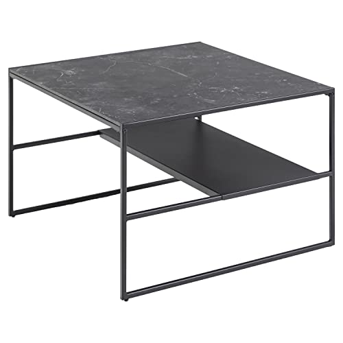 Marque Amazon - Movian Table basse avec étagère, plateau effet marbre, base en métal noir, 70 x 70 x 45 cm