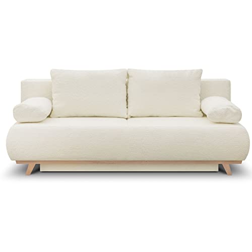 HOMIFAB Canapé Convertible 3 Places avec Coffre de Rangement en Tissu Bouclette écru - Laria HOMIFAB Canapé Convertible 3 Places avec Coffre de Rangement en Tissu Bouclette écru - Laria