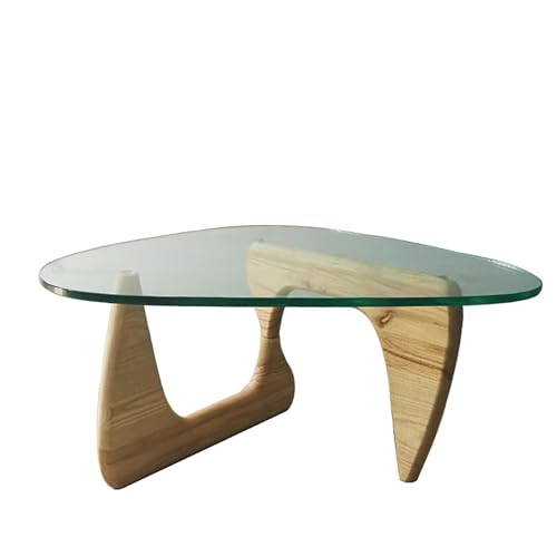 Table basse moderne, table basse avec plateau en verre, table basse en verre et bois, table basse triangulaire en bois, pièce maîtresse élégante et robuste, plateau en verre trempé, parfaite for la dé