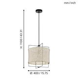 Eglo Suspension Bridekirk - 1 Ampoule - Vintage - Naturelle - Boho - Hygge - en Acier Noir et Textile Naturel - Lampe de Table de Salon Suspendue avec Douille E27 - Diamètre : 40 cm
