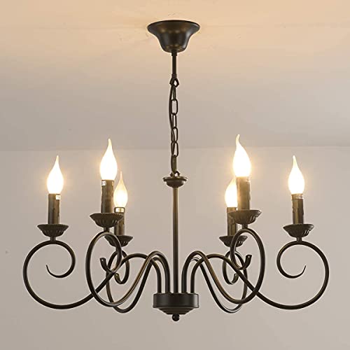 JIINOO Lustre Style Traditionnel Pays, Vintage Bougie Réglable en Hauteur Suspension Luminaire Lustre Suspendu en Fer, 6 E14 Lumières Ferme Classique Pendentif Éclairage Luminaire pour Cuisine Salon