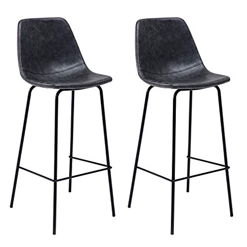 Happy Garden Lot de 2 tabourets de Bar Vintage Lucien Gris foncé - Hauteur d'assise 75cm, tabourets de Bar Style Retro avec Dossier et Repose-Pieds, Structure métallique