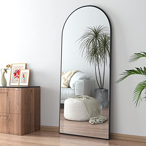 CASSILANDO Miroir de sol avec support - 150 x 50 cm - Miroir de sol arrondi - Grand miroir mural dans la chambre à coucher, le dressing (noir)