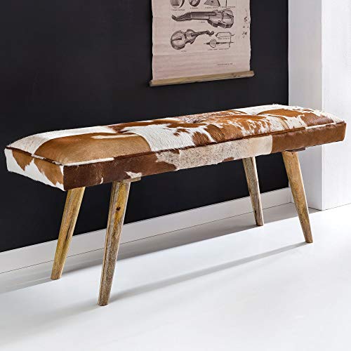 FineBuy Bois Massif Banc Tissu 120 x 52 x 40 cm Style rétro | Rembourré Banc | Banc en Fourrure Salle à Manger Brun | Petit Banquette de lit Tissu Banc avec de la Fourrure