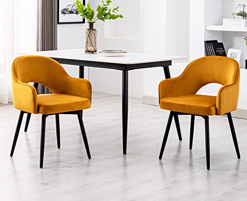 Wahson Lot de 2 Chaise Salle à Manger en Velours Chaise de Cuisine avec Pieds en Métal, Chaise de Salon pour Chambre/Restaurant(Jaune)