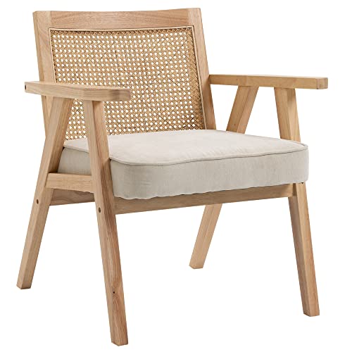 HOMCOM Fauteuil Lounge Chaise en Rotin avec Coussin - Dossier en cannage - Assise Profonde - accoudoirs - Structure Bois hévéa - Aspect Lin Beige