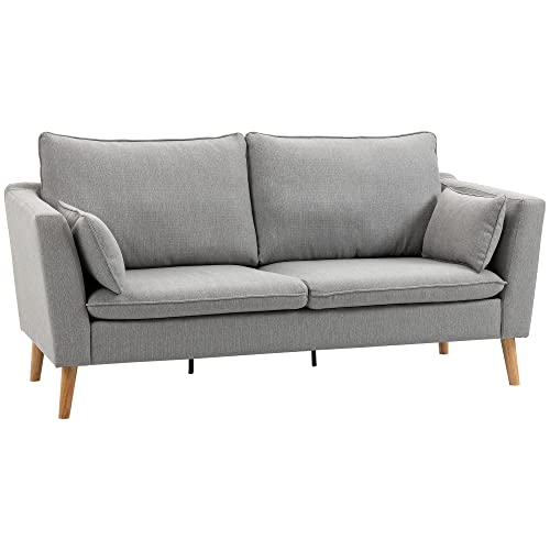 HOMCOM Canapés 2 Places Design Contemporain avec Coussins oreillers en Tissu de Lin et Pieds en Bois d'hévéa 200 x 87 x 95 cm Gris Clair