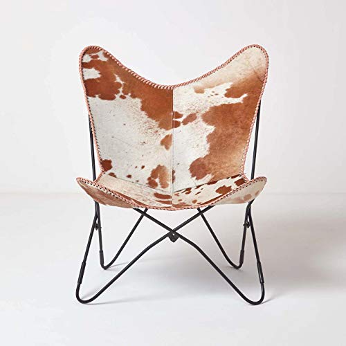HOMESCAPES Fauteuil Papillon en Cuir véritable Peau de Vache et métal, Chaise en Cuir Vintage, Fauteuil rétro, Marron et Blanc, 88 x 77 cm