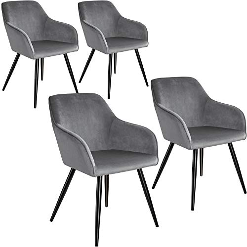 TecTake Lot de 4 Chaises de Salle à Manger Chaises Rembourrées Fauteuil Salon Design Scandinave Pieds en Metal Noirs Élégant avec Accoudoirs – Gris