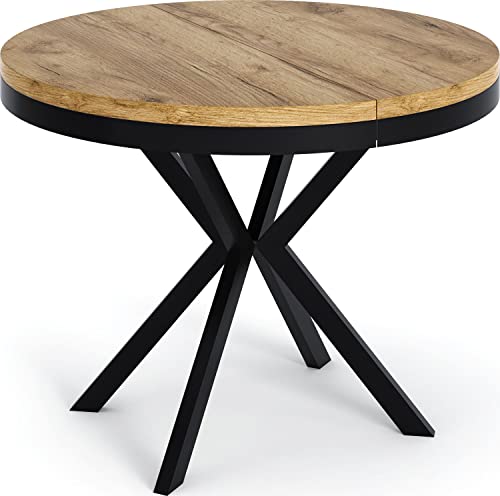 WFL GROUP Table à Manger Extensible Ronde - Table Style Loft avec Pieds en Métal - 100 à 180 cm - Table Carré Style Industriel pour Le Salon - Compacte - Chêne Craft - 100 cm