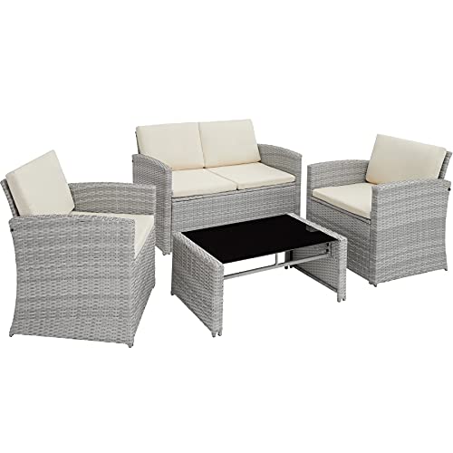 TecTake Salon de Jardin en Résine Tressée 4 Personnes, 1 Canapé, 2 Fauteuils, 1 Table avec Plateau en Verre, Coussins d’Assise et de Dossier Inclus (Gris Clair)
