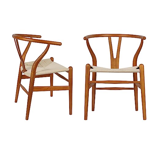 Tomile Lot de 2 chaises de salle à manger en Y en bois massif avec rotin (bois cendré, couleur châtaigne)