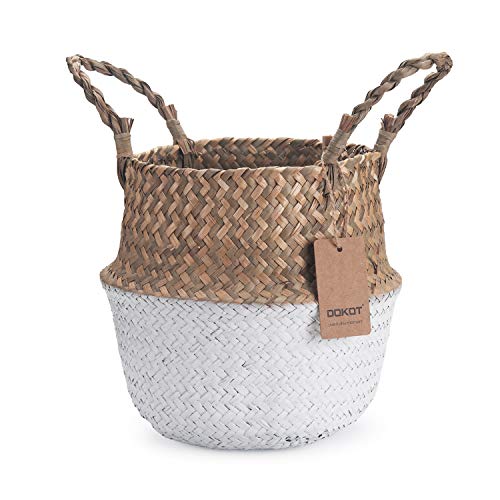 Panier Jonc De Mer Rangement Panier Plante Seagrass de Fleur Corbeille en Paille (22 x 20 cm, Naturel + Blanc)