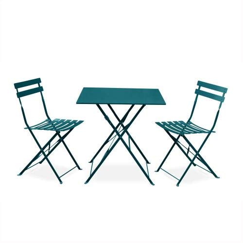 Salon de Jardin bistrot Pliable - Emilia carré Bleu Canard - Table carrée 70x70cm avec Deux chaises Pliantes, Acier thermolaqué