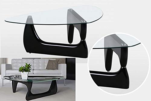 Table Basse de Style Noguchi avec Plateau en Verre Transparent - Table Basse Triangulaire - Style médiator de Guitare - Trépied - Noir Mat Brillant - Table d'appoint - Table Basse