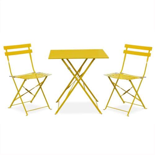 Salon de Jardin bistrot Pliable - Emilia carré Jaune - Table 70x70cm avec Deux chaises Pliantes, Acier thermolaqué