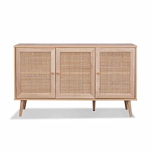 Buffet de Rangement en cannage 120x39x70cm - Bohème - 2 Niveaux. 3 Portes. Pieds scandinaves Buffet de Rangement en cannage 120x39x70cm - Bohème - 2 Niveaux. 3 Portes. Pieds scandinaves